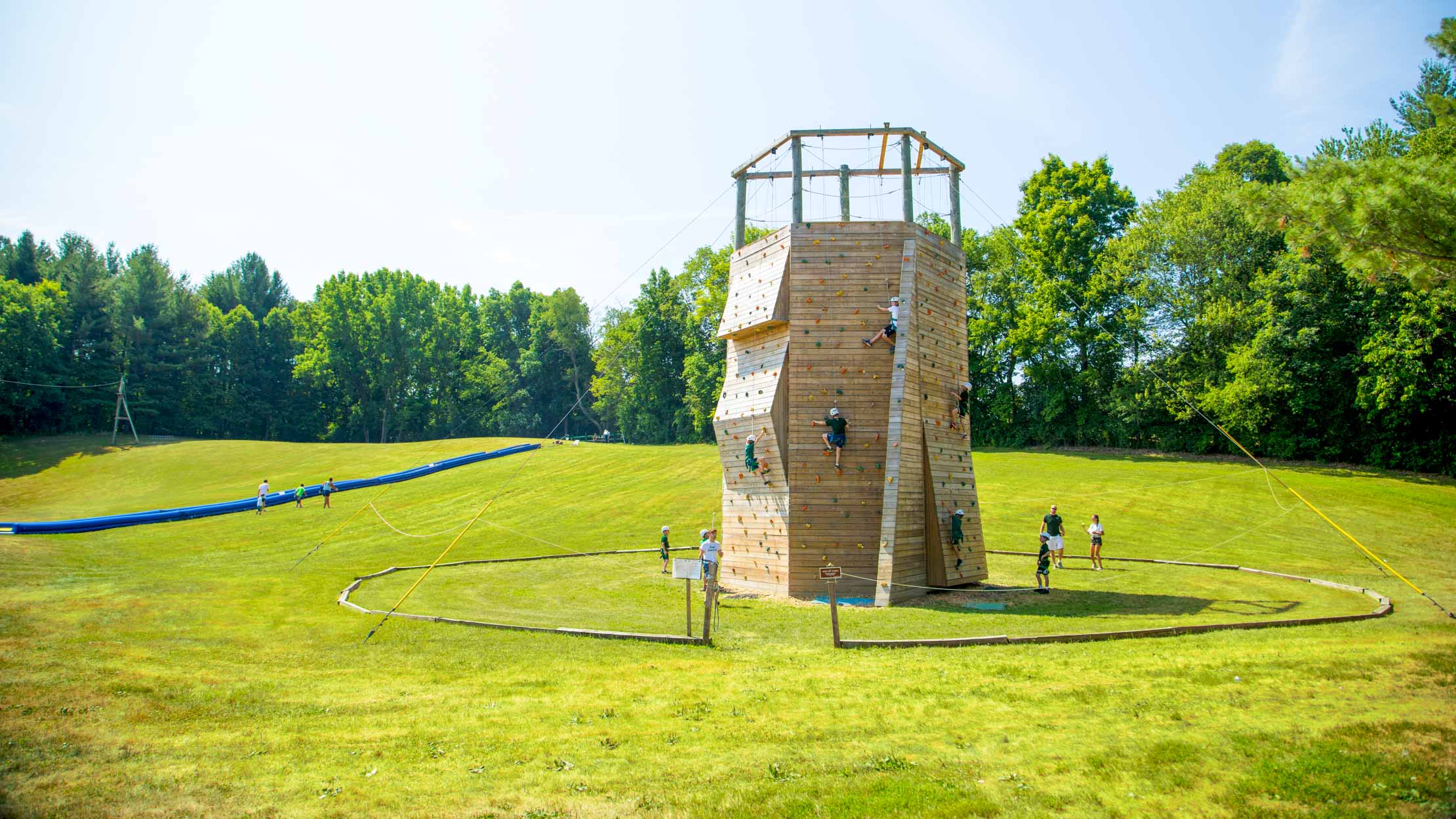 Wide view of Camp Schodack outdoor climbing wall