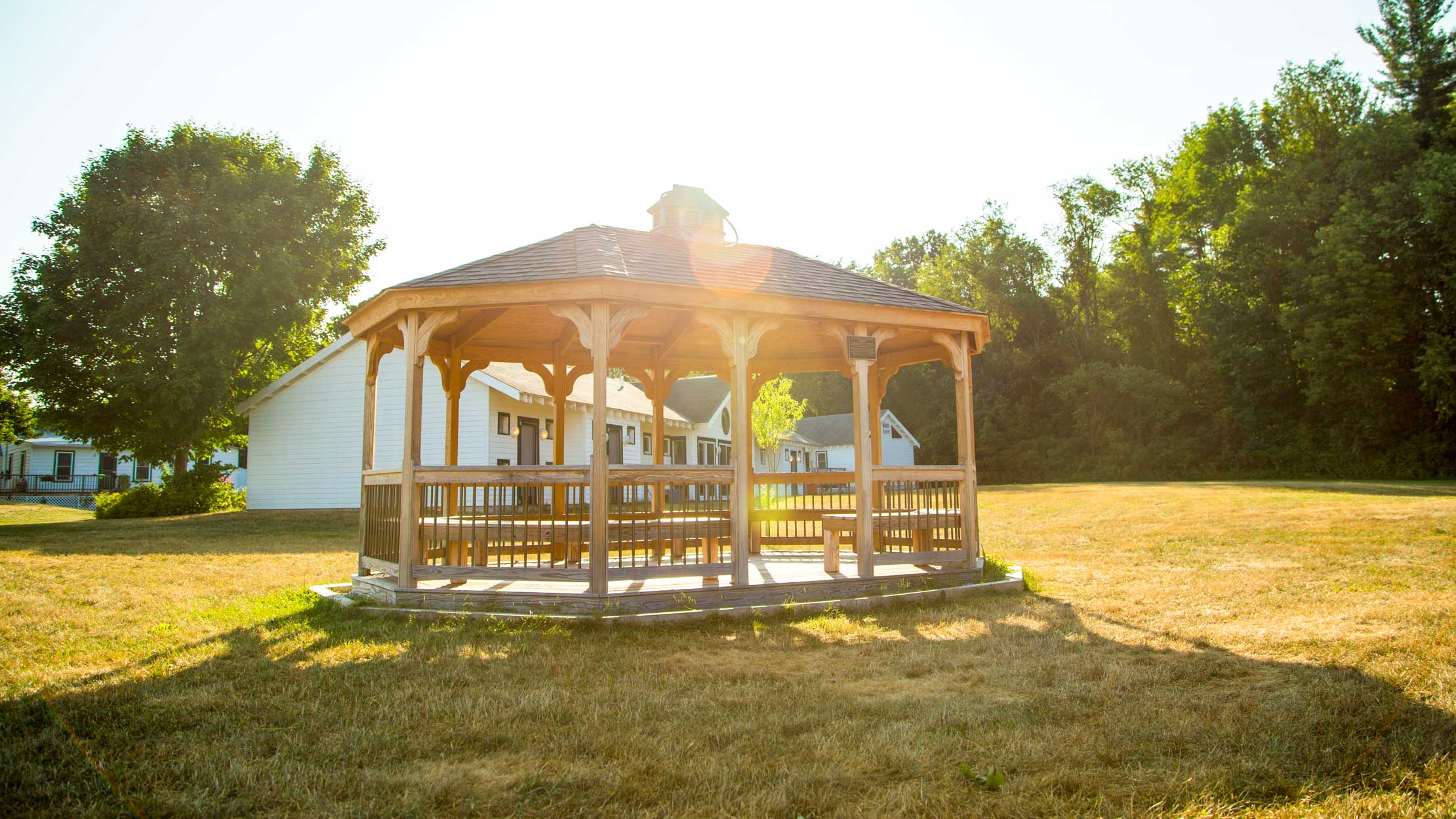 Camp Schodack gazebo with sunset behind